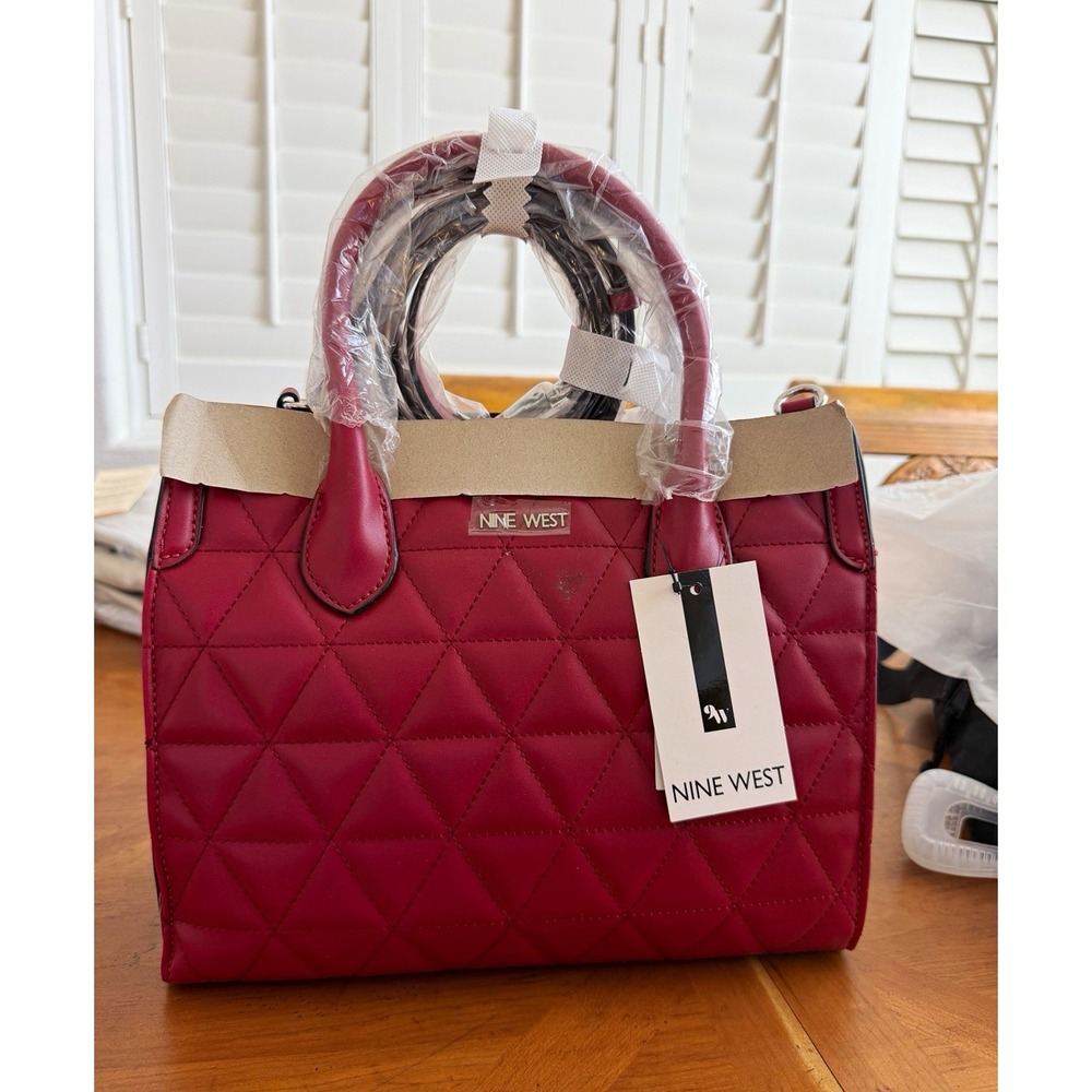 Nine West Aidenne Burgundy Quilted Faux Leather Satchel Zip Detachable Strap NWT